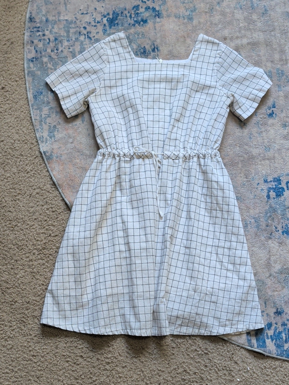 Roolee Kids White Grid Short Sleeve Drawstring Waist Dress Girls 11-12T/Large